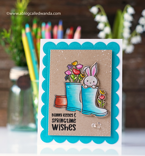 sugar pea designs sprout bloom grow stamp set. Colored Pencils on Kraft. Prismacolor. Handmade card, stamps and dies. Easter card, bunny, flowers. Wanda Guess