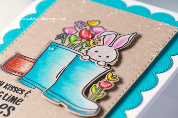 sugar pea designs sprout bloom grow stamp set. Colored Pencils on Kraft. Prismacolor. Handmade card, stamps and dies. Easter card, bunny, flowers. Wanda Guess