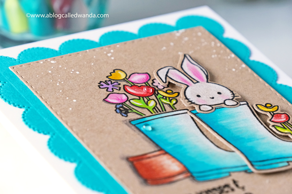 sugar pea designs sprout bloom grow stamp set. Colored Pencils on Kraft. Prismacolor. Handmade card, stamps and dies. Easter card, bunny, flowers. Wanda Guess
