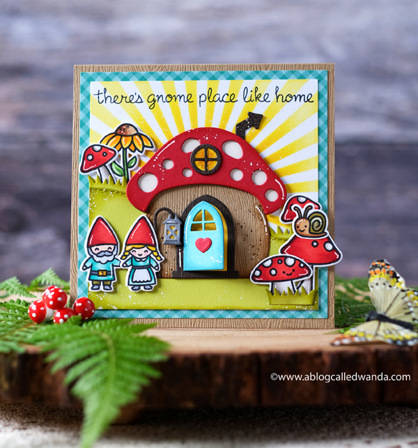 Lawn Fawn Mushroom House. Lawn Fawn Gnome Sweet Gnome stamps. Lawn Fawn Gleeful Gardens. Lawn Fawn Oh Gnome. MFT Radiating Rays. Distress inks and stencils. Copics. Gnomes. Handmade card ideas. Wanda Guess