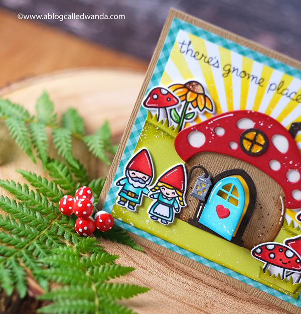 Lawn Fawn Mushroom House. Lawn Fawn Gnome Sweet Gnome stamps. Lawn Fawn Gleeful Gardens. Lawn Fawn Oh Gnome. MFT Radiating Rays. Distress inks and stencils. Copics. Gnomes. Handmade card ideas. Wanda Guess