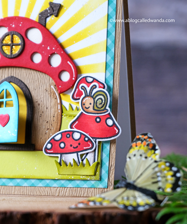 Lawn Fawn Mushroom House. Lawn Fawn Gnome Sweet Gnome stamps. Lawn Fawn Gleeful Gardens. Lawn Fawn Oh Gnome. MFT Radiating Rays. Distress inks and stencils. Copics. Gnomes. Handmade card ideas. Wanda Guess