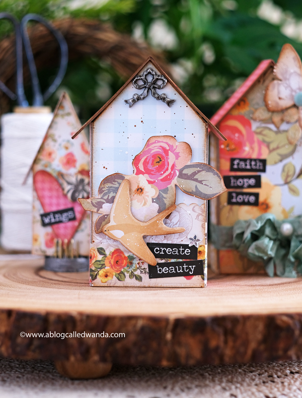 Tim Holtz Sizzix Tiny Houses dies. Bigz Dies. Distress Inks. Vintage Style crafting. Paper Houses. My Mind's Eye Gingham Gardens Collection. Florals. Wanda Guess. A Blog Called Wanda