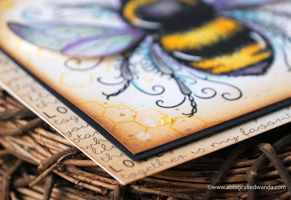 Bee stamp from Pink Ink Designs UK. Colored with Polychromos Pencils. Distress ink blending. Honeycomb. Nuvo clear drops. Bee theme card. Vintage. Wanda Guess