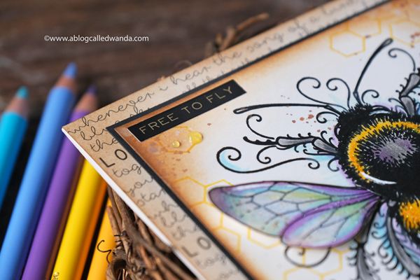 Bee stamp from Pink Ink Designs UK. Colored with Polychromos Pencils. Distress ink blending. Honeycomb. Nuvo clear drops. Bee theme card. Vintage. Wanda Guess