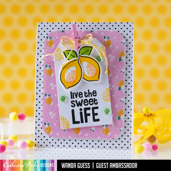 Catherine Pooler stamps and dies. Fresh and Fruity Paper pad. Forever 13 collection. Fruit stamps. Rosettes and fun card ideas. Wanda Guess
