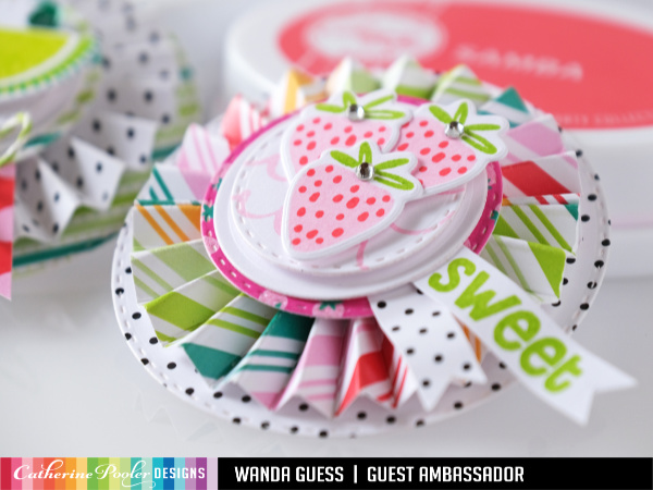 Catherine Pooler stamps and dies. Fresh and Fruity Paper pad. Forever 13 collection. Fruit stamps. Rosettes and fun card ideas. Wanda Guess