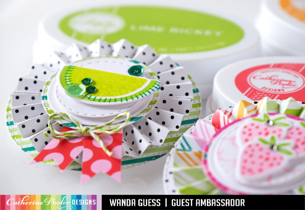 Catherine Pooler stamps and dies. Fresh and Fruity Paper pad. Forever 13 collection. Fruit stamps. Rosettes and fun card ideas. Wanda Guess
