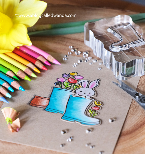 sugar pea designs sprout bloom grow stamp set. Colored Pencils on Kraft. Prismacolor. Handmade card, stamps and dies. Easter card, bunny, flowers. Wanda Guess