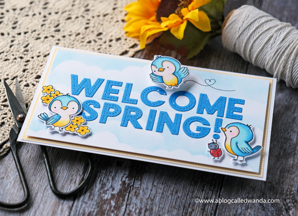 Spring card, Hello bluebird stamps and dies, Garden Friends stamp set, Lawn Fawn Oliver's Alphabet, MFT cloud stencil, copics, wanda guess Spring card, Hello bluebird stamps and dies, Garden Friends stamp set, Lawn Fawn Oliver's Alphabet, MFT cloud stencil, copics, wanda guess