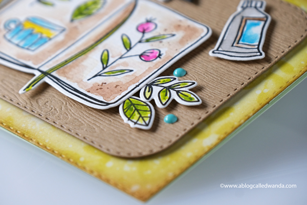 Waffle Flower stamps and dies. Sketch Book stamp set. Pretty Pink Posh Leaf Stencil, Distress inks, Mijello watercolors, card ideas, art and crafty card. Wanda Guess