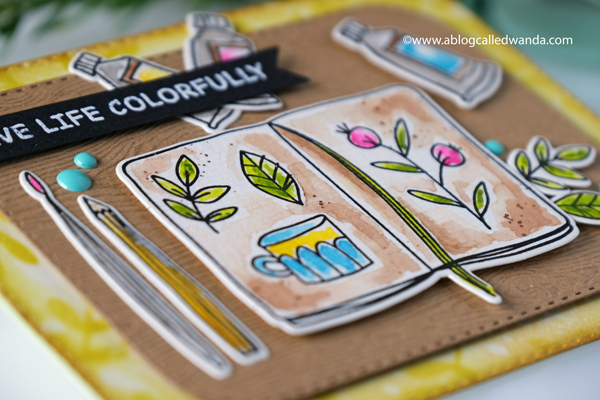 Waffle Flower stamps and dies. Sketch Book stamp set. Pretty Pink Posh Leaf Stencil, Distress inks, Mijello watercolors, card ideas, art and crafty card. Wanda Guess