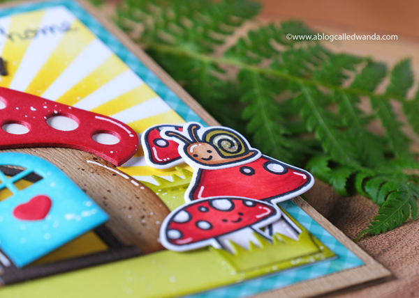 Lawn Fawn Mushroom House. Lawn Fawn Gnome Sweet Gnome stamps. Lawn Fawn Gleeful Gardens. Lawn Fawn Oh Gnome. MFT Radiating Rays. Distress inks and stencils. Copics. Gnomes. Handmade card ideas. Wanda Guess