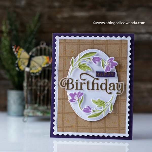 The Greetery New Release. Birthday Card ideas. Gold embossing on vellum. Birthday Blooms stamps and dies sets, postage stamp dies, elegant birthday card with florals. The Greetery Design Team Wanda Guess
