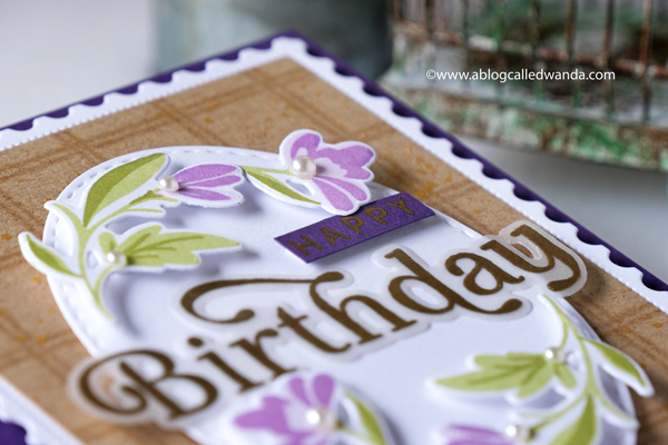 The Greetery New Release. Birthday Card ideas. Gold embossing on vellum. Birthday Blooms stamps and dies sets, postage stamp dies, elegant birthday card with florals. The Greetery Design Team Wanda Guess