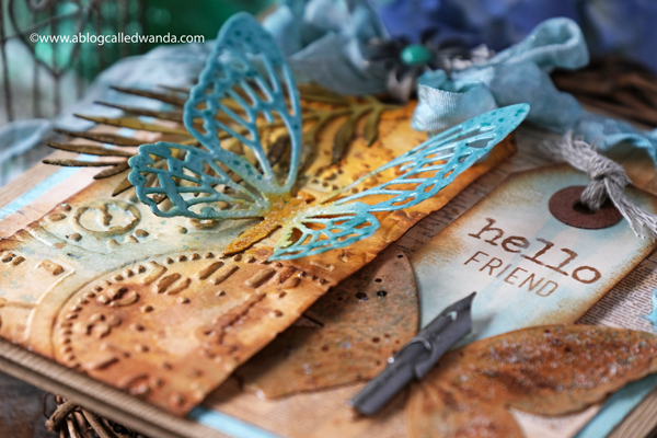 Tim Holtz, Sizzix, Ideaology, Stampers Anonymous, Speckled Egg Distress Ink, TIm Holtz Techniques. Butterfly card. Butterfly dies, Tropical Thinlets, Glorious Bouquet stamps. Distress Ink vintage card. Wanda Guess