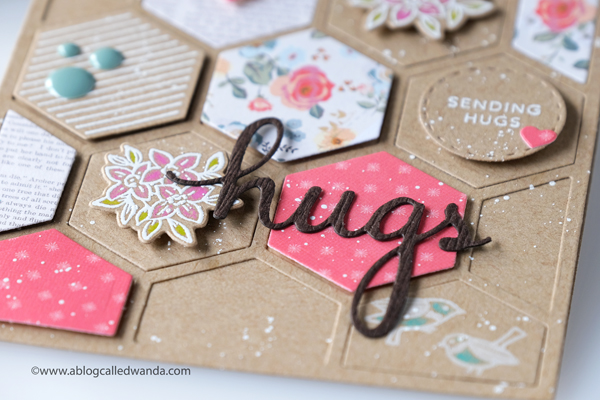 Pinkfresh Studio new release blog hop. Hexagon stamps and dies. Kraft cardstock ideas. My Minds Eye Gingham Gardens paper, heat embossing, hugs card. Card ideas, Hexagons. Stamping and die cutting. Wanda Guess