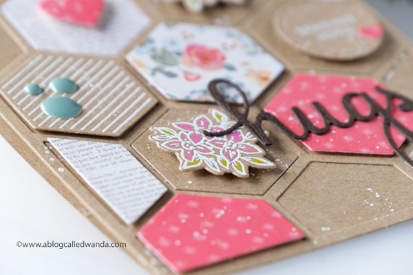 Pinkfresh Studio new release blog hop. Hexagon stamps and dies. Kraft cardstock ideas. My Minds Eye Gingham Gardens paper, heat embossing, hugs card. Card ideas, Hexagons. Stamping and die cutting. Wanda Guess