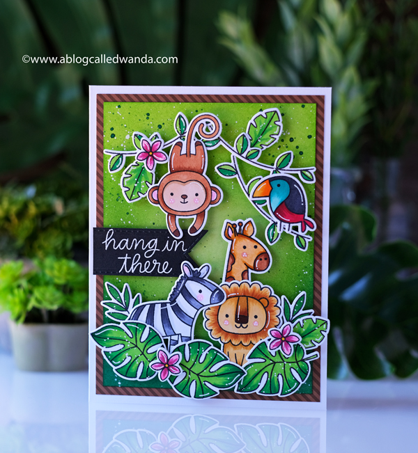 Pretty Pink Posh June 2020 new release blog hop. Jungle themed stamps and dies. Jungle Friends stamp set, Monkey Friends stamp set, Tropical Toucans stamp set, Animal Signs stamp set, Hibiscus Flowers stamp set, Copics, Distress ink blending backgrounds. Wanda Guess
