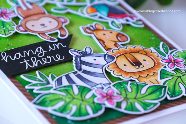 Pretty Pink Posh June 2020 new release blog hop. Jungle themed stamps and dies. Jungle Friends stamp set, Monkey Friends stamp set, Tropical Toucans stamp set, Animal Signs stamp set, Hibiscus Flowers stamp set, Copics, Distress ink blending backgrounds. Wanda Guess