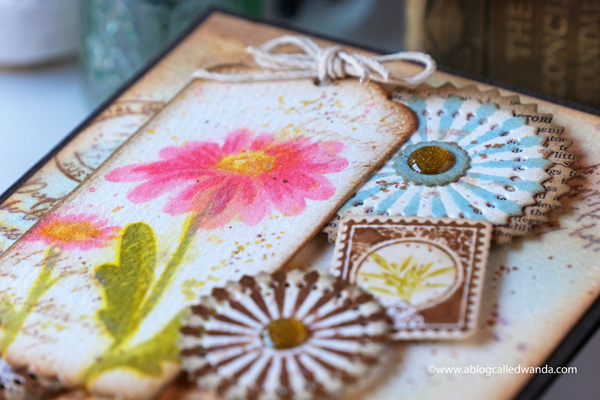 The Greetery Inspiration Friday. The Greetery Design Team. Distress Inks. Vintage theme card with stamps and dies. Watercolor with distress ink. The Greetery Oopsie Daisy, The Greetery Pretty Postmarks, The Greetery Pinwheel Party, The Greetery Speed Tagging. Wanda Guess Card layout ideas