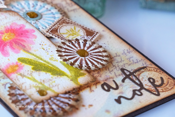 The Greetery Inspiration Friday. The Greetery Design Team. Distress Inks. Vintage theme card with stamps and dies. Watercolor with distress ink. The Greetery Oopsie Daisy, The Greetery Pretty Postmarks, The Greetery Pinwheel Party, The Greetery Speed Tagging. Wanda Guess Card layout ideas