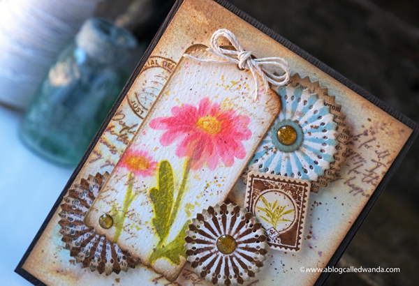 The Greetery Inspiration Friday. The Greetery Design Team. Distress Inks. Vintage theme card with stamps and dies. Watercolor with distress ink. The Greetery Oopsie Daisy, The Greetery Pretty Postmarks, The Greetery Pinwheel Party, The Greetery Speed Tagging. Wanda Guess Card layout ideas