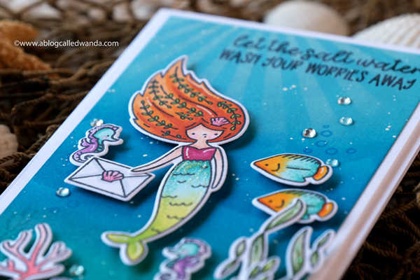 Waffle Flower Mermaid Mail stamp set, Waffle Flower Under the Sea Sentiments, Waffle Flower Sea Birthday, clear enamel dots, distress ink blending, ocean theme card, Mermaid Card, Slimline card, Wanda Guess