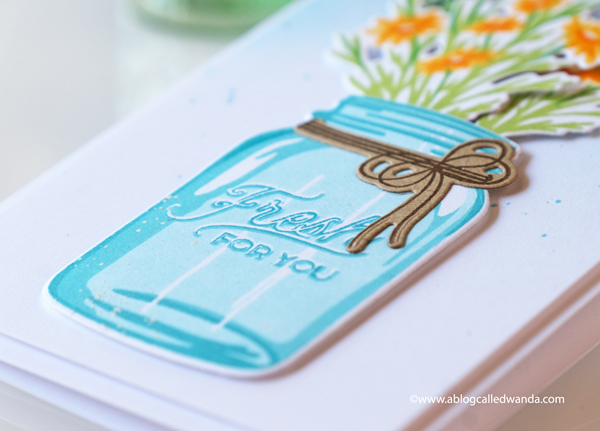 The Greetery new release destination summer july 2020. Budding Beauties Summer stamp set, Sprinkled with Kindness stamps and dies, Petite Eucalyptus stamp set and dies. Mason jar stamp set from the Greetery. Slimline card. Distress ink background. Card layouts flowers. Wanda Guess
