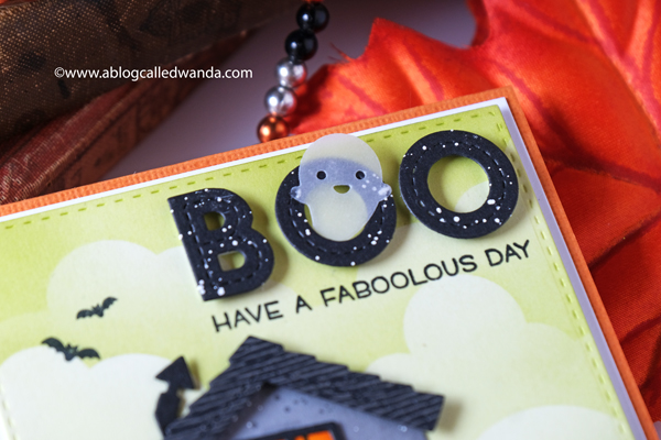 MFT rolling cloud stencil, Lawn Fawn Build A House Die, Lawn Fawn build a house halloween add on, Lawn Fawn stitched trees border, Lawn Fawn Violet ABC's, Lawn Fawn Oliver's stitched dies, Lawn Fawn Tiny Halloween, Distress inks, blender brushes, halloween card ideas, die cuts, cute halloween card, ghosts, handmade cards, cloud stencils, card ideas, wanda guess, a blog called wanda