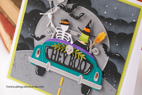 Spellbinders dies, New Spellbinders, Sunday Drive Dies, Sunday Drive Halloween Dies, Halloween Card, MFT cloud stencil, Handmade card, stamps and dies, Fun handmade halloween card, crafts, diy, wanda guess, A blog called wanda