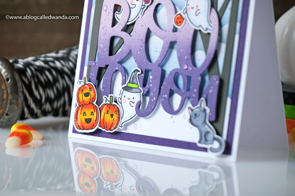 hello bluebird, hello bluebird stamps and dies, frightful little bits, hey boo, trees, dies, halloween card, card ideas, handmade, copics, ink blending, distress inks, stickles, ghosts, stamps, wanda guess, a blog called wanda