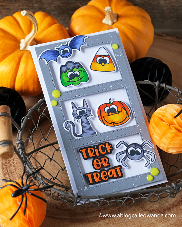 Photoplay Paper Say it with Stamps and dies. Halloween Card. Slimline card ideas. Copic coloring Halloween. Rectangle cut outs. Fun DIY Halloween. Wanda Guess