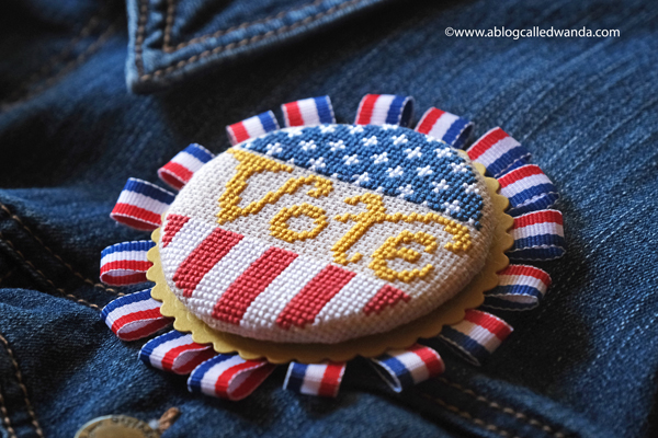 cross stitching, cross stitch, summer house stitche workes, stitched modern, sister suffragette pattern, voting pin, vote cross stitch, handmade pin, rock the vote, easy cross stitch, wanda guess