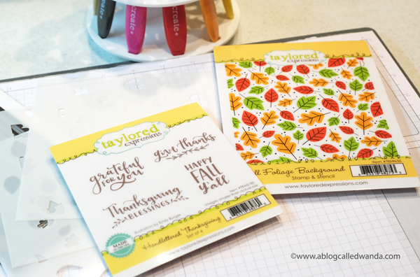 Taylored Expressions Fall Foliage Background, Taylored Expressions Handlettered stamps, stamping, die cutting, Thanksgiving card, Leaves, Stencils, Distress Inks, Blender Brushes, handmade card ideas, card layouts, Wanda Guess, A Blog Called Wanda