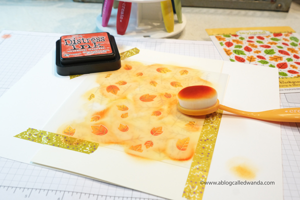 Taylored Expressions Fall Foliage Background, Taylored Expressions Handlettered stamps, stamping, die cutting, Thanksgiving card, Leaves, Stencils, Distress Inks, Blender Brushes, handmade card ideas, card layouts, Wanda Guess, A Blog Called Wanda