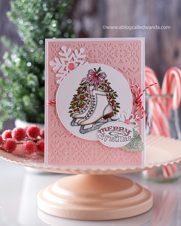 pink ink stamps ice skates, christmas card, taylored expressions sweater weather cutting plate, taylored expressions snowflakes, christmas card, stamping, copics, card ideas, handmade cards, snowflake dies, pink christmas cards, card layout, wanda guess, a blog called wanda
