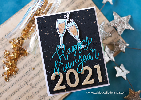 new years card, new year's eve, card, stamps, dies, champagne, pretty pink posh happy new year, ellen hutson twirling flurries, new year card ideas, celebrate, papercrafting, handmade, wanda guess