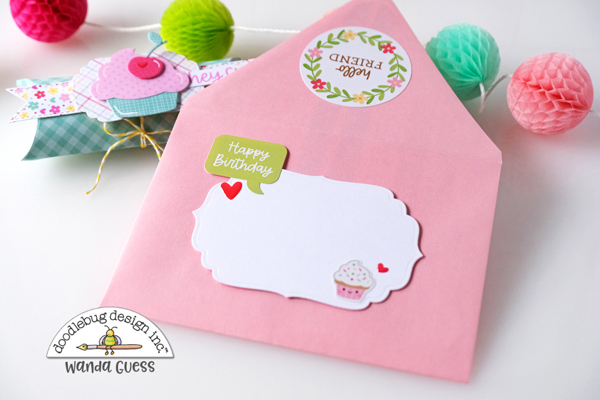 doodlebug design, doodlebug papers, doodlebug made with love collection, birthday card, gift card holder, handmade, pillow box punch board, doodlebug stamps and dies, cheerful birthday card, card ideas, stamping, die cutting, wanda guess, a blog called wanda