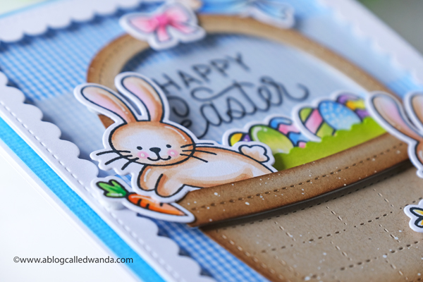 pretty pink posh, pretty pink posh new release, easter, spring, easter basket die, bunnies, watercolor, embossing, happy easter die, easter card ideas, copics, scallop frames, mijello, gingham, vellum, ppp instagram hop, wanda guess, a blog called wanda