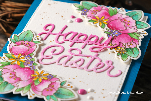 pretty pink posh, pretty pink posh new release, easter, spring, easter basket die, bunnies, watercolor, embossing, happy easter die, easter card ideas, copics, scallop frames, mijello, gingham, vellum, ppp instagram hop, wanda guess, a blog called wanda