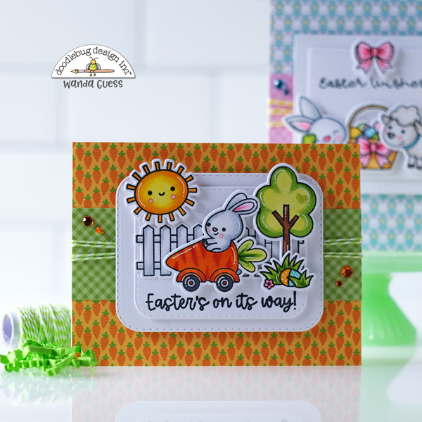 Doodlebug, Doodlebug stamps and dies, Doodlebug hippity hoppity, easter, easter cards, copics, plaid, gingham, spring, card layout ideas, Doodlebug papers, wanda guess, a blog called wanda