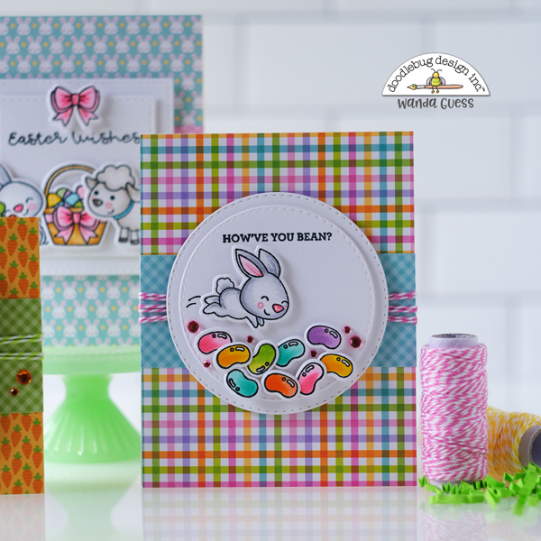 Doodlebug, Doodlebug stamps and dies, Doodlebug hippity hoppity, easter, easter cards, copics, plaid, gingham, spring, card layout ideas, Doodlebug papers, wanda guess, a blog called wanda