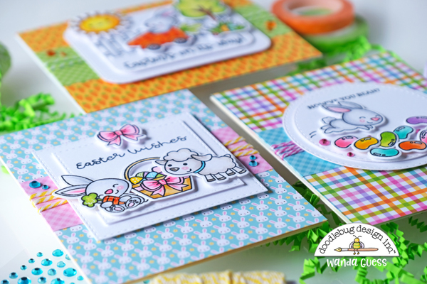 Doodlebug, Doodlebug stamps and dies, Doodlebug hippity hoppity, easter, easter cards, copics, plaid, gingham, spring, card layout ideas, Doodlebug papers, wanda guess, a blog called wanda