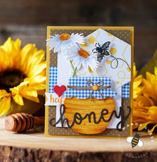 hero arts, a blog named hero, anniversary hop, Instagram hop, hey honey, honey card, handmade card, Hero Arts stamps and dies, Hero Arts Bees and Flowers, Hero Arts abstract honeycomb background stamp, hero arts honey pot fancy dies, gingham, card ideas, bees card, card layouts, wanda guess, a blog called wanda, a blog named hero