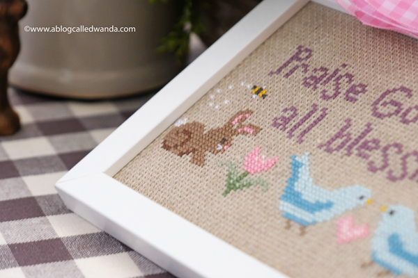 cross stitching, cross stitch, counted cross stitch, easter, spring, home decor for easter, spring doxology by rabbit valley studio, rabbit valley studio cross stitch, bunnies, faith, wanda guess, a blog called wanda