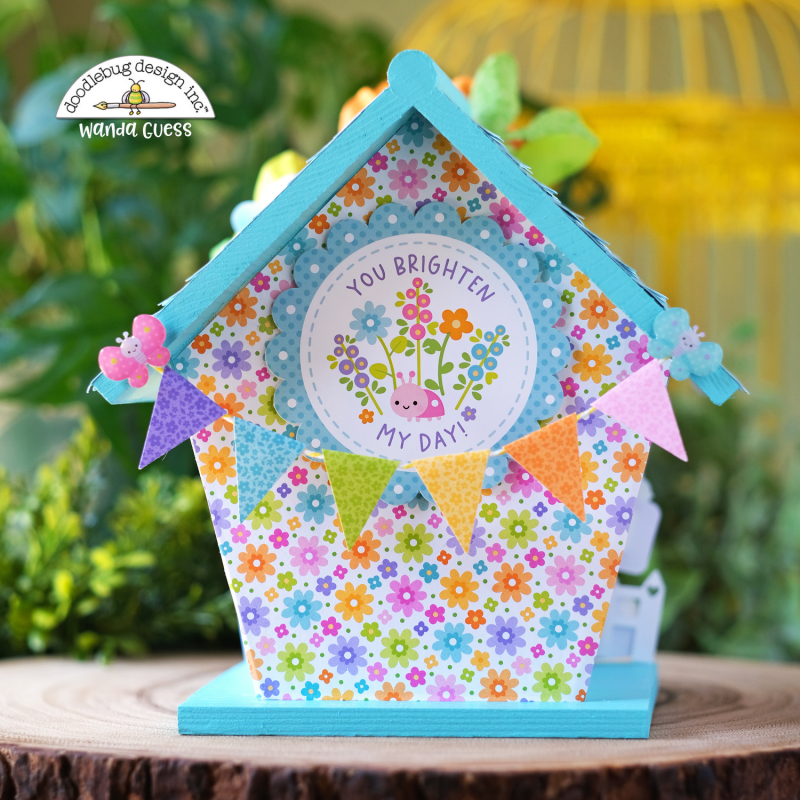 Doodlebug, Doodlebug paper, Doodlebug Fairy Garden Collection, Doodlebug stamps and dies, Decorate birdhouse with paper, diy birdhouse, wanda guess, a blog called wanda