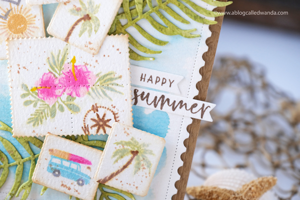 the greetery, the greetery stamps, the greetery dies, destination stamp set, palms, pretty postmarks, the greetery design team, tgif, hawaii, aloha, summer, card ideas, card layout, wanda guess for the greetery
