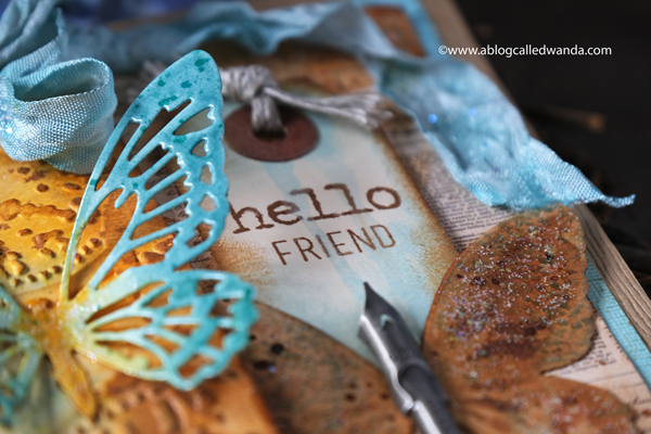 Tim Holtz, Sizzix, Ideaology, Stampers Anonymous, Speckled Egg Distress Ink, TIm Holtz Techniques. Butterfly card. Butterfly dies, Tropical Thinlets, Glorious Bouquet stamps. Distress Ink vintage card. Wanda Guess