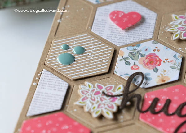 Pinkfresh Studio new release blog hop. Hexagon stamps and dies. Kraft cardstock ideas. My Minds Eye Gingham Gardens paper, heat embossing, hugs card. Card ideas, Hexagons. Stamping and die cutting. Wanda Guess